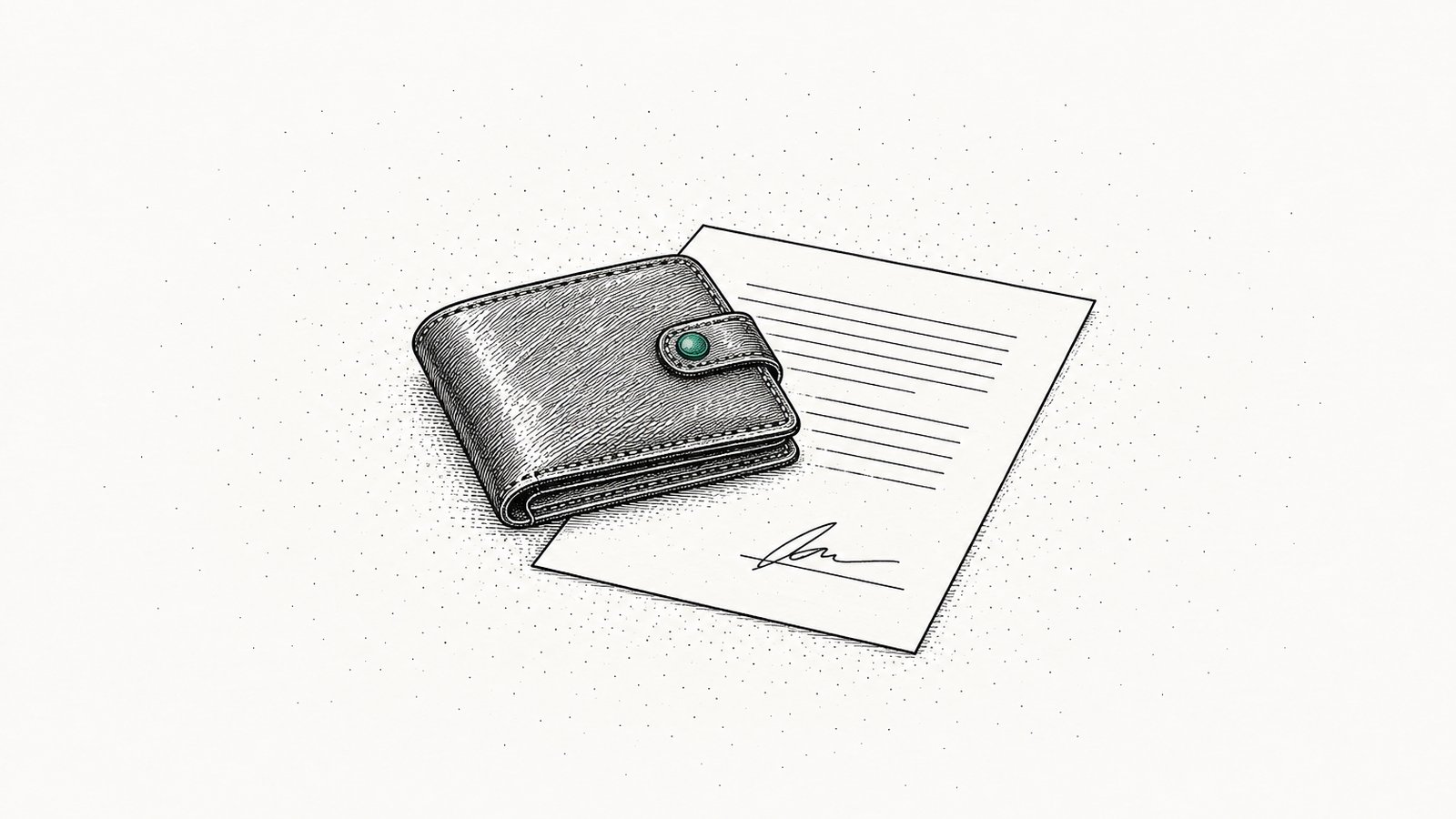 A closed leather wallet resting on a signed single-page agreement