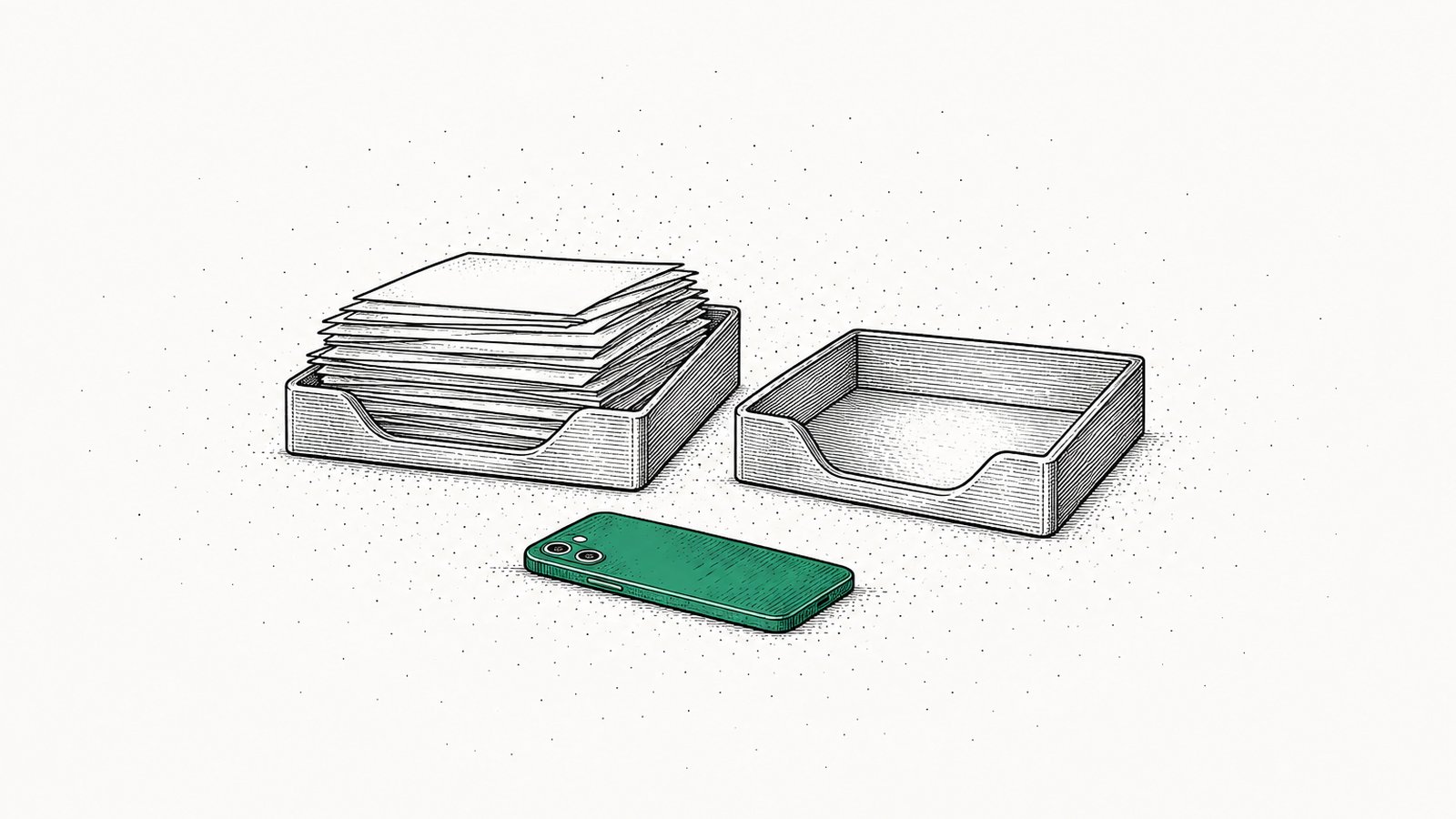 A phone lying face down between two inbox trays, one stacked with paper and one empty