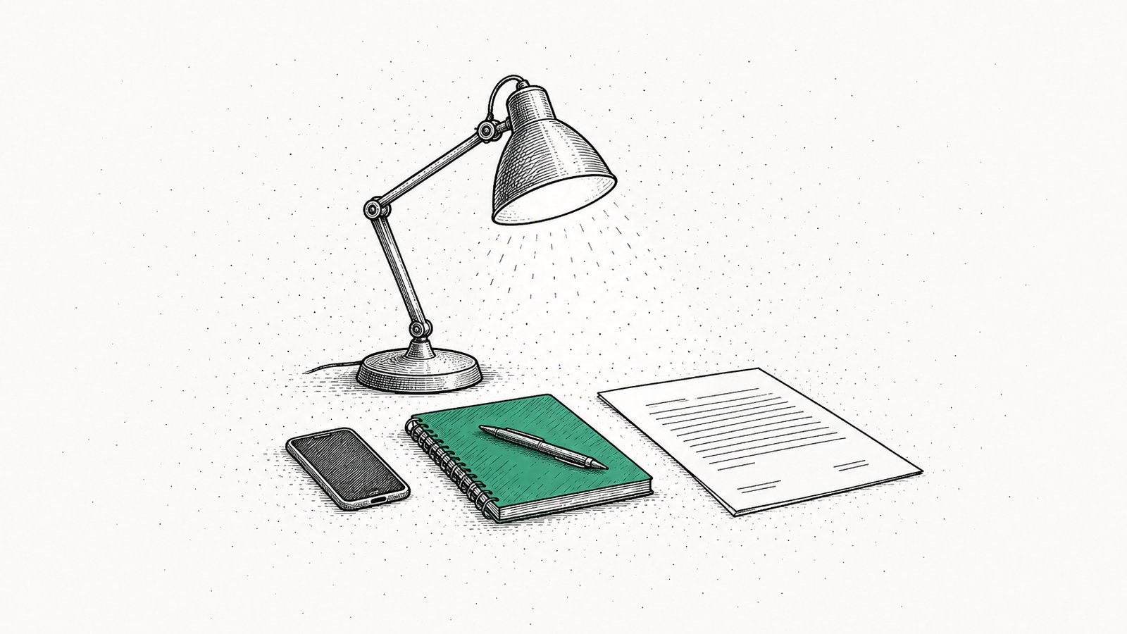 A single desk lamp lit over a notebook, a phone and a printed agreement