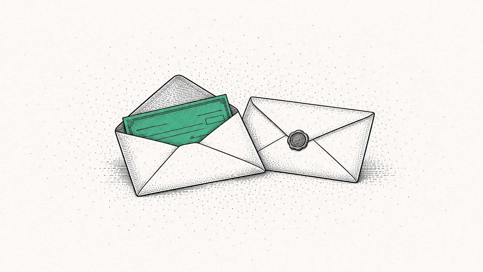 Two envelopes on a desk, one open with a cheque half out, one still sealed