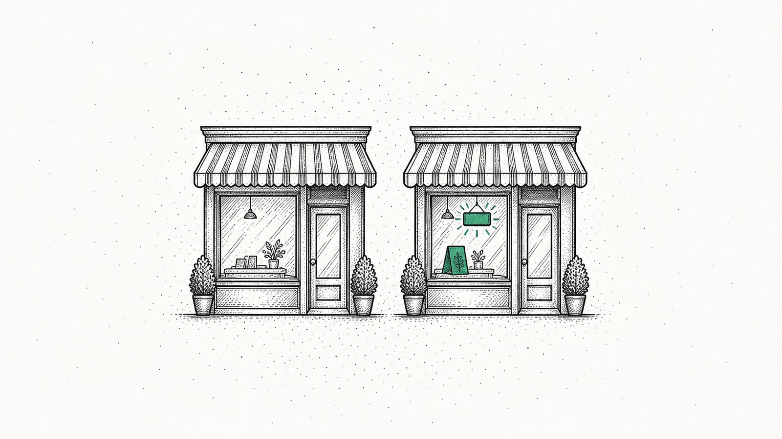 Two identical storefronts side by side, one with a lit open sign and a price card in its window
