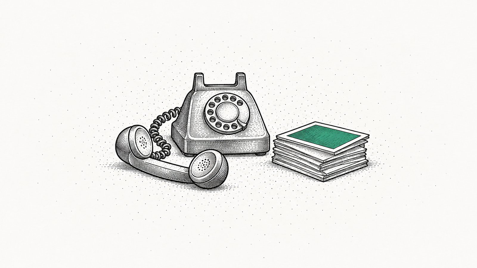 A rotary phone with its receiver off the hook beside a stack of printed role cards on a desk