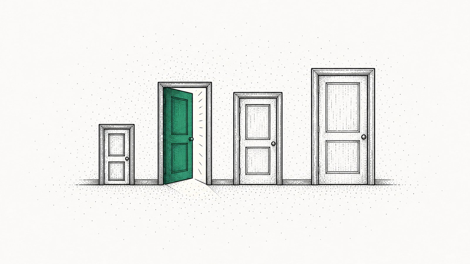 Four doors of different sizes side by side on a plain wall, one of them with a light glowing behind it
