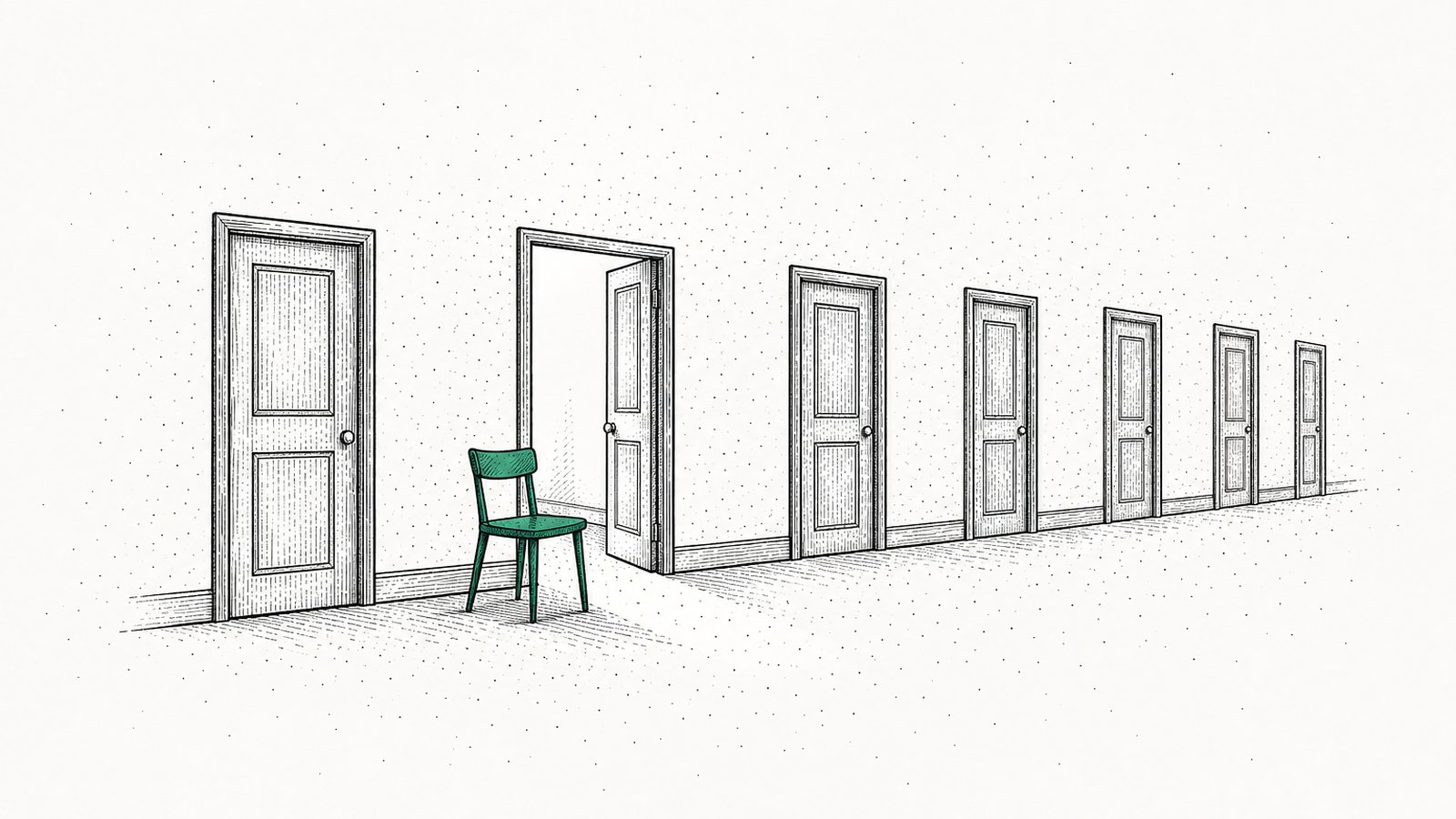 A long hallway of closed doors, one door standing open with light behind it and a single chair set outside it