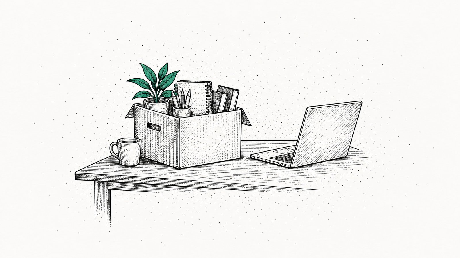 A cardboard box of desk things on a kitchen table beside an open laptop