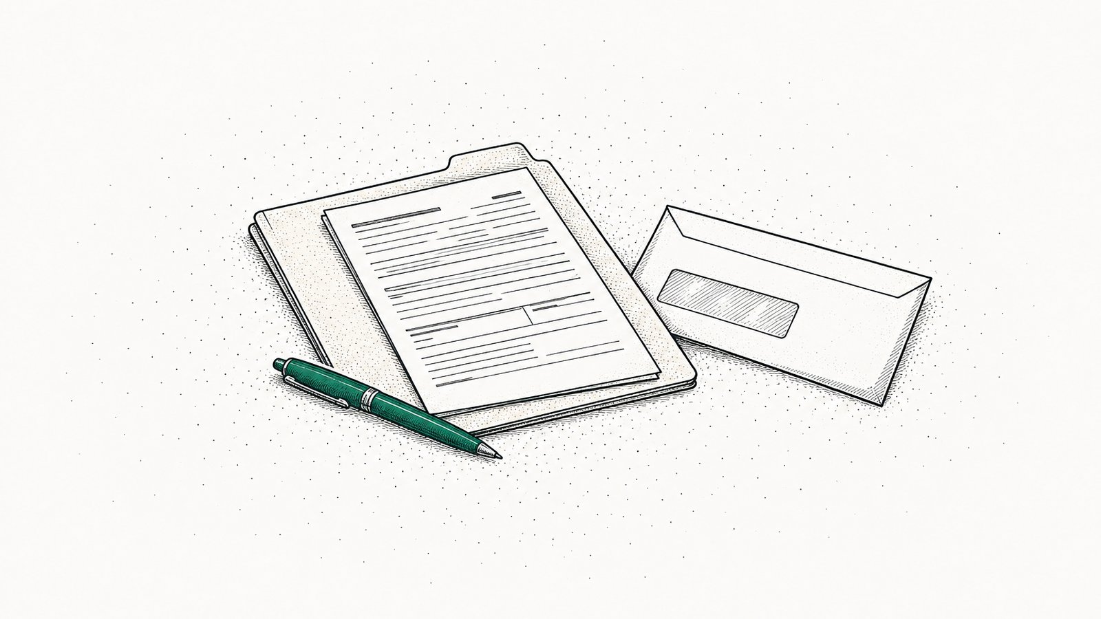 A manila folder with a W-9 form on top, a pen and a bank envelope beside it