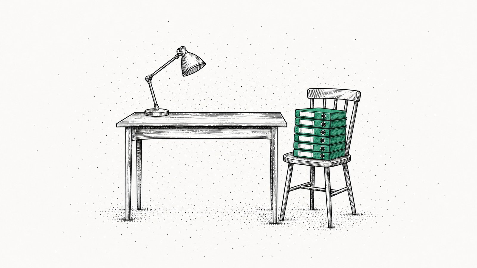 An empty desk with a switched-off lamp and six folders stacked on the chair in front of it