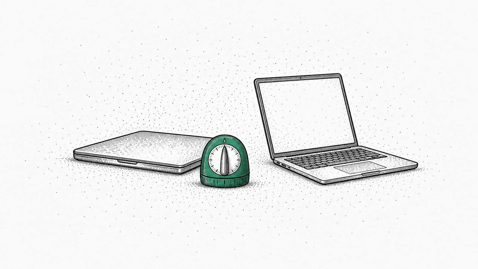 A kitchen timer set to one hour beside a closed work laptop and an open personal laptop